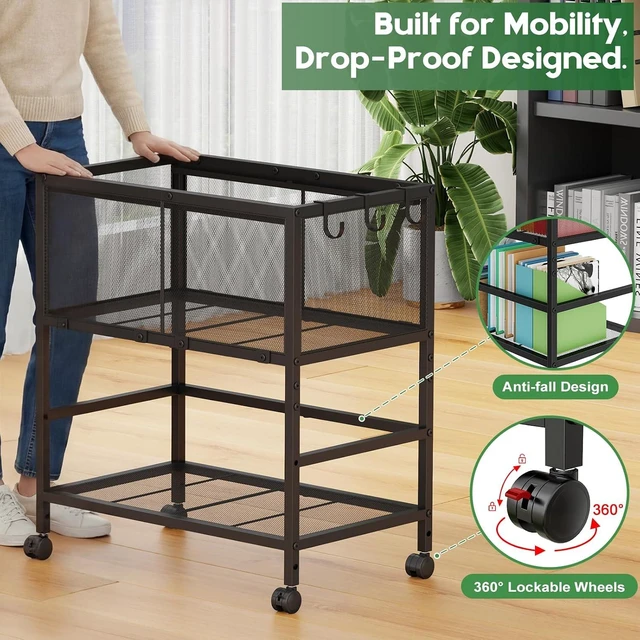 Alt view image 6 of 7 - Rolling File Cart for Letter Size Metal Hanging File Organizer with Storage Shelf, 2-Tier Mobile with 360° Wheels & Hooks, Black