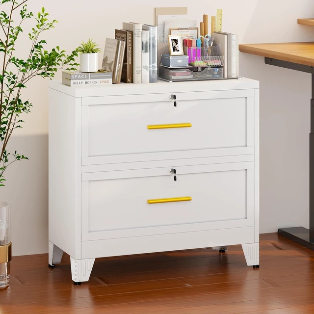 Alt view image 2 of 7 - Metal Lateral File Cabinet with Lock 2 Drawer Steel Wide Filing Cabinet for Legal/Letter/A4/F4 Size with Hanging Files & Key, White