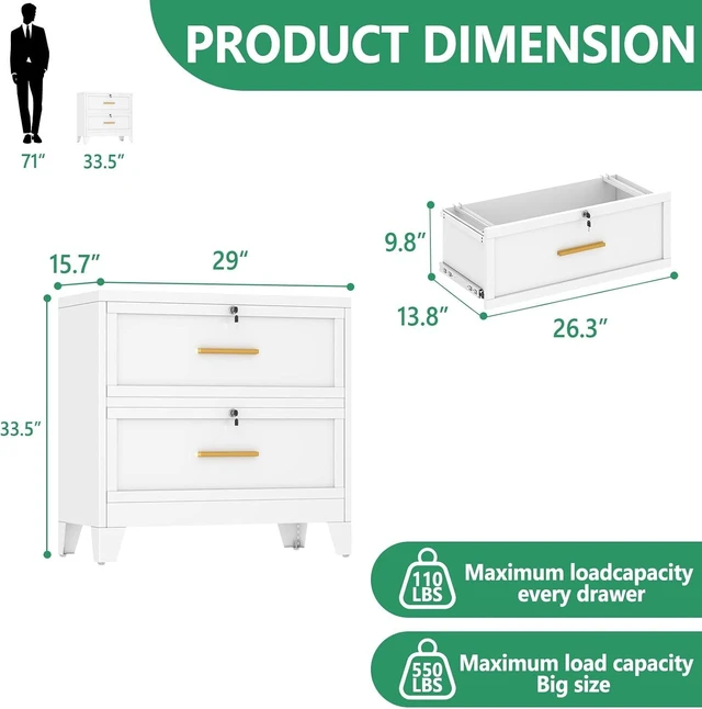Alt view image 3 of 7 - Metal Lateral File Cabinet with Lock 2 Drawer Steel Wide Filing Cabinet for Legal/Letter/A4/F4 Size with Hanging Files & Key, White