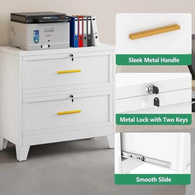 Alt view image 4 of 7 - Metal Lateral File Cabinet with Lock 2 Drawer Steel Wide Filing Cabinet for Legal/Letter/A4/F4 Size with Hanging Files & Key, White