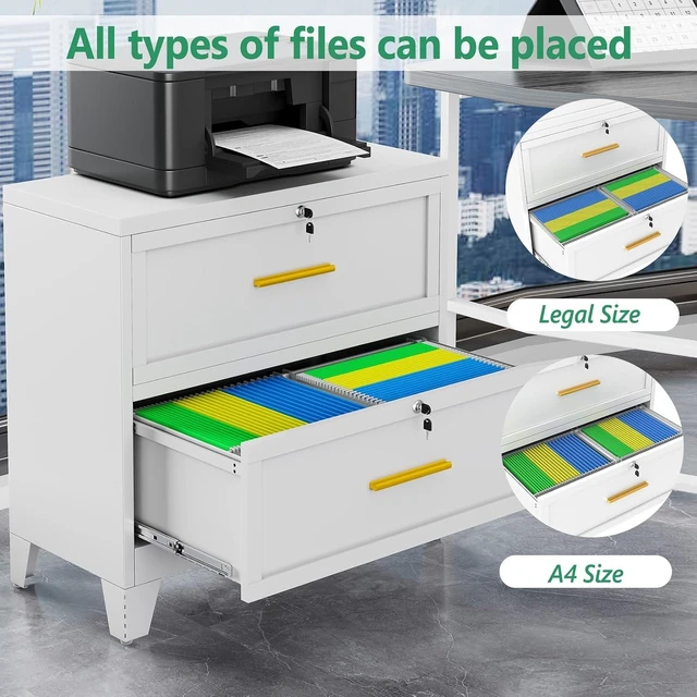 Alt view image 5 of 7 - Metal Lateral File Cabinet with Lock 2 Drawer Steel Wide Filing Cabinet for Legal/Letter/A4/F4 Size with Hanging Files & Key, White