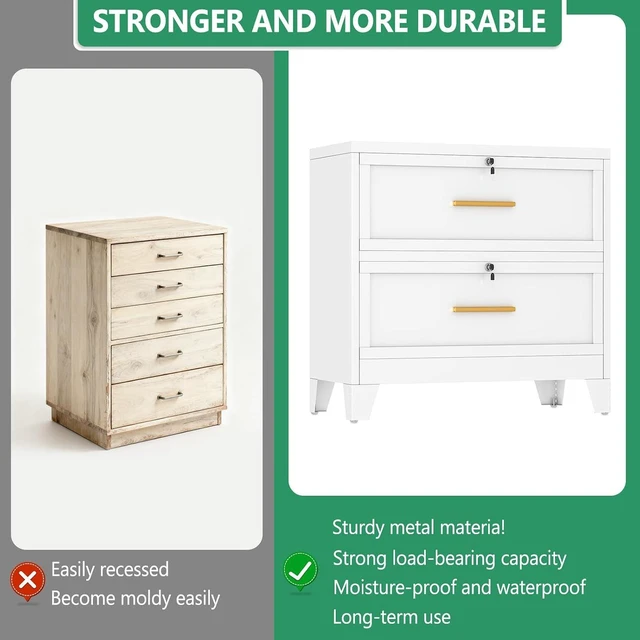 Alt view image 7 of 7 - Metal Lateral File Cabinet with Lock 2 Drawer Steel Wide Filing Cabinet for Legal/Letter/A4/F4 Size with Hanging Files & Key, White
