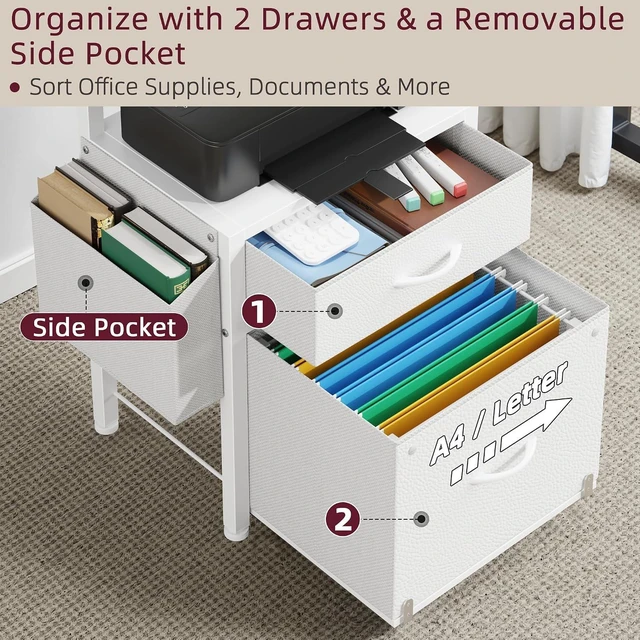 Alt view image 4 of 7 - File Cabinet with 2 Fabric Drawers & Printer Stand, White