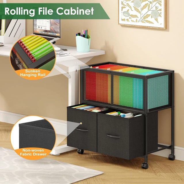 Alt view image 3 of 7 - Rolling File Cart, File Cabinet with 2 Fabric Drawers, Black