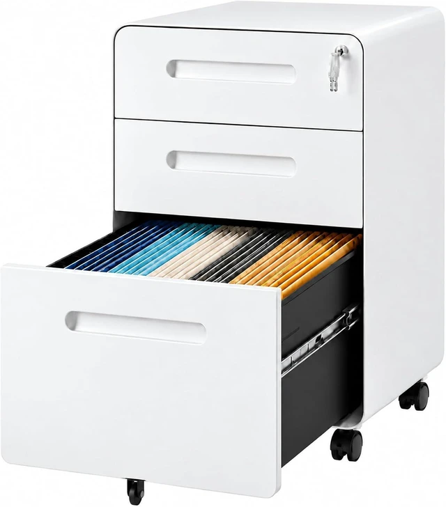 Main image of 3 Drawer Rolling Under Desk File Cabinet with Lock, White