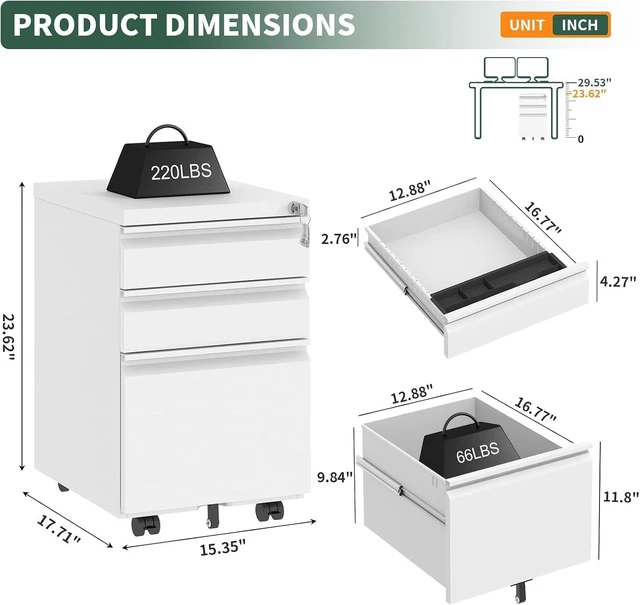 Alt view image 2 of 7 - White 3 Drawer Rolling Under Desk File Cabinet with Lock