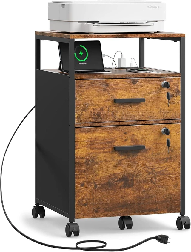 Main image of 2 Drawer Rustic Brown Wood File Cabinet with Lock, Printer Stand
