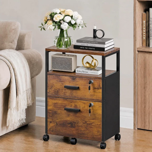 Alt view image 2 of 7 - 2 Drawer Rustic Brown Wood File Cabinet with Lock, Printer Stand