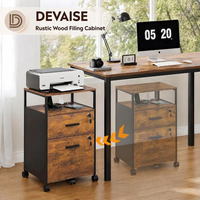 Alt view image 4 of 7 - 2 Drawer Rustic Brown Wood File Cabinet with Lock, Printer Stand