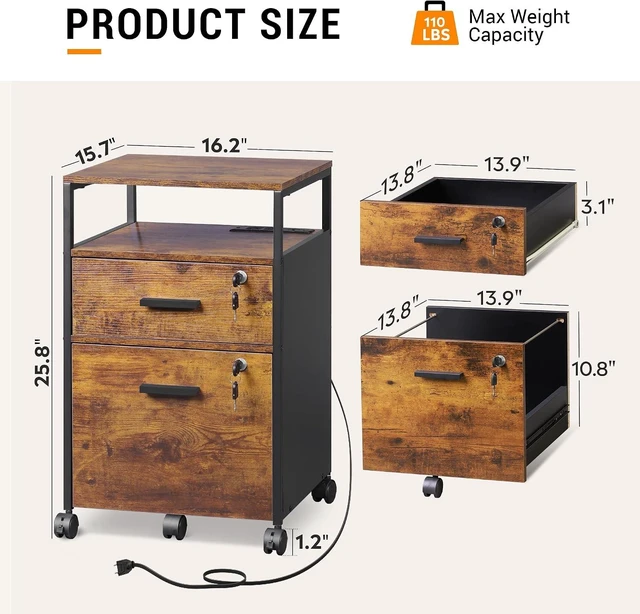 Alt view image 3 of 7 - 2 Drawer Rustic Brown Wood File Cabinet with Lock, Printer Stand
