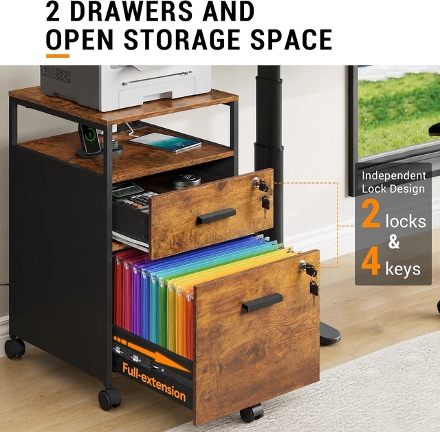 Alt view image 7 of 7 - 2 Drawer Rustic Brown Wood File Cabinet with Lock, Printer Stand