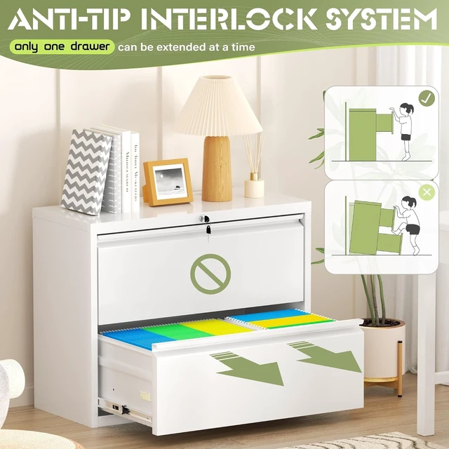 Alt view image 5 of 7 - Lateral File Cabinet with 2 Drawers 28" W Metal Lockable Cabinet for Legal/Letter/A4/F4 Files, Home Office (White)