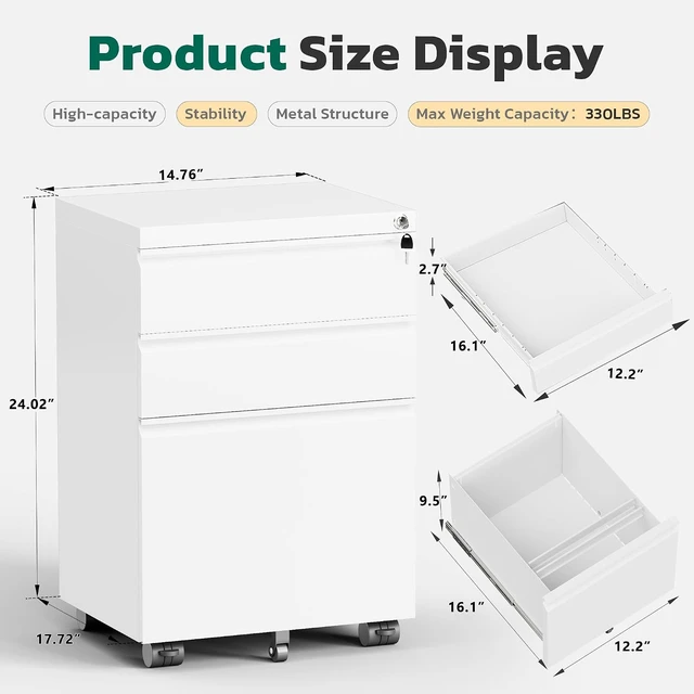 Alt view image 3 of 7 - 3 Drawer Mobile File Cabinet with Lock Fully Assembled Rolling Cabinet Except Casters, Under Desk with Wheels, Fits Legal/Letter/A4 (Assembled, White)