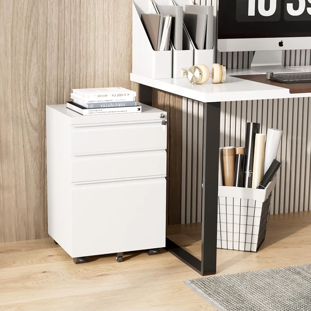 Alt view image 2 of 7 - 3 Drawer Mobile File Cabinet with Lock Fully Assembled Rolling Cabinet Except Casters, Under Desk with Wheels, Fits Legal/Letter/A4 (Assembled, White)