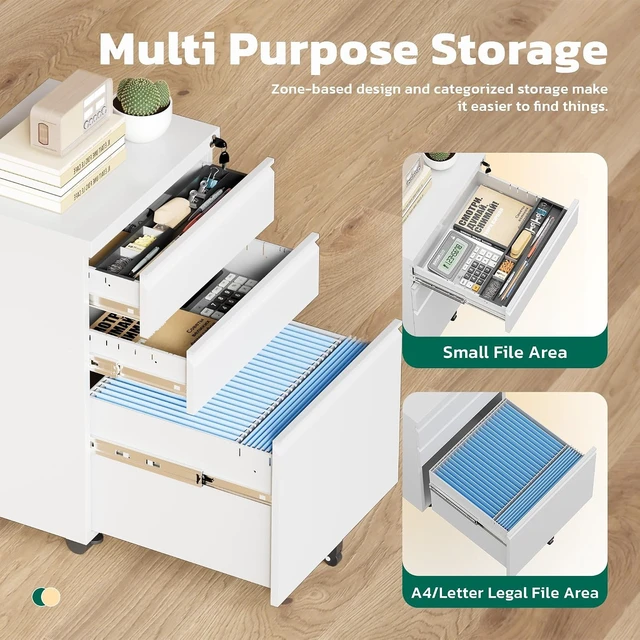Alt view image 4 of 7 - 3 Drawer Mobile File Cabinet with Lock Fully Assembled Rolling Cabinet Except Casters, Under Desk with Wheels, Fits Legal/Letter/A4 (Assembled, White)