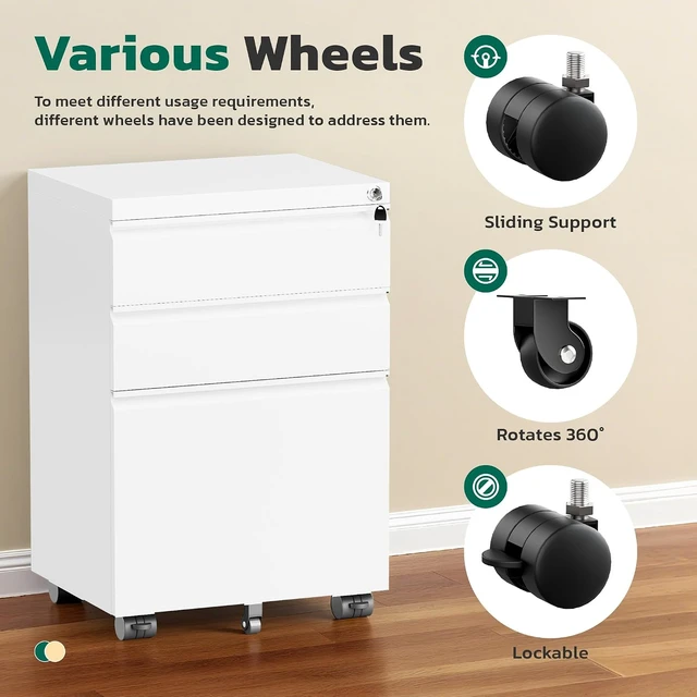 Alt view image 6 of 7 - 3 Drawer Mobile File Cabinet with Lock Fully Assembled Rolling Cabinet Except Casters, Under Desk with Wheels, Fits Legal/Letter/A4 (Assembled, White)
