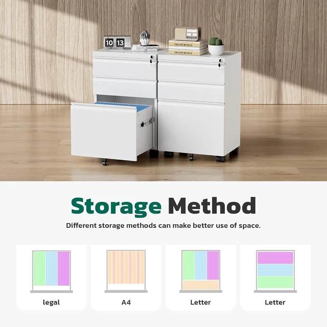 Alt view image 7 of 7 - 3 Drawer Mobile File Cabinet with Lock Fully Assembled Rolling Cabinet Except Casters, Under Desk with Wheels, Fits Legal/Letter/A4 (Assembled, White)
