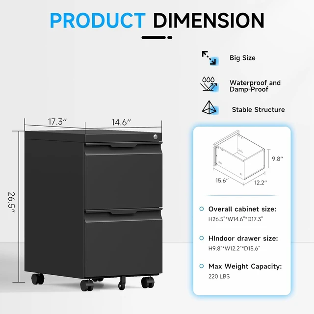 Alt view image 3 of 7 - 2 Drawer Mobile Rolling File Cabinet with Lock & Wheels