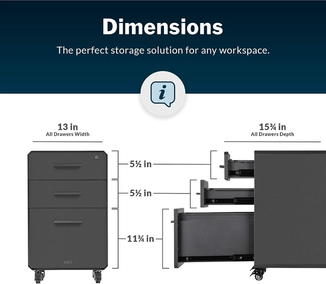 Alt view image 6 of 6 - Three Drawer File Cabinet Mobile Filing Cabinet for Home or Office, Hanging File Storage, Lockable Drawers with Heavy-Duty Steel & Rolling Casters, Charcoal Grey