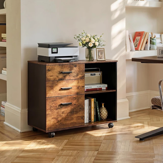 Alt view image 2 of 7 - 3 Drawer Wood File Cabinet Rolling Cabinet with Open Storage Shelf & Printer Stand, Fits Letter/A4 Files (Rustic Brown, Wood)