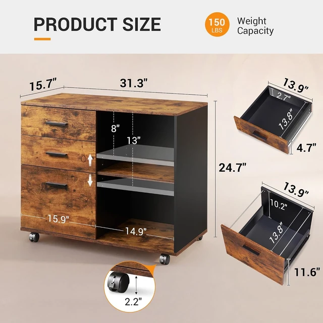 Alt view image 3 of 7 - 3 Drawer Wood File Cabinet Rolling Cabinet with Open Storage Shelf & Printer Stand, Fits Letter/A4 Files (Rustic Brown, Wood)