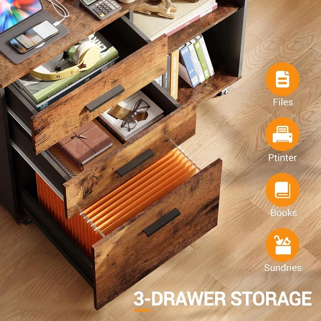 Alt view image 4 of 7 - 3 Drawer Wood File Cabinet Rolling Cabinet with Open Storage Shelf & Printer Stand, Fits Letter/A4 Files (Rustic Brown, Wood)