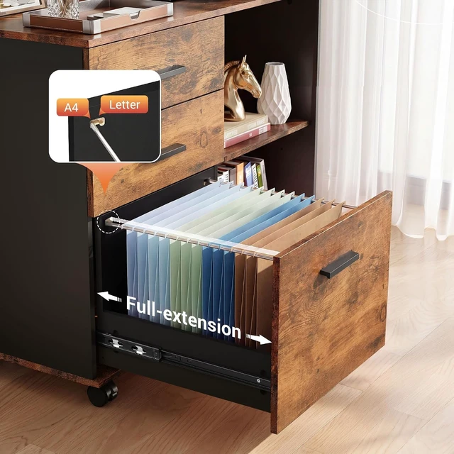 Alt view image 5 of 7 - 3 Drawer Wood File Cabinet Rolling Cabinet with Open Storage Shelf & Printer Stand, Fits Letter/A4 Files (Rustic Brown, Wood)