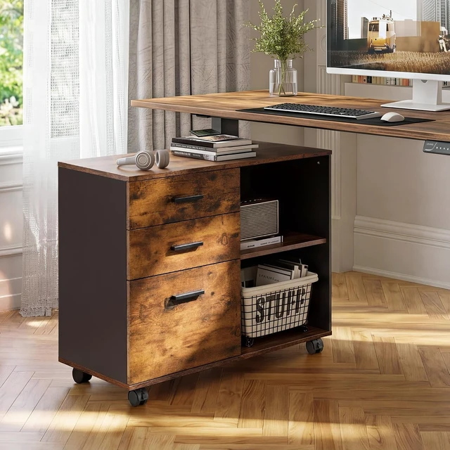 Alt view image 7 of 7 - 3 Drawer Wood File Cabinet Rolling Cabinet with Open Storage Shelf & Printer Stand, Fits Letter/A4 Files (Rustic Brown, Wood)
