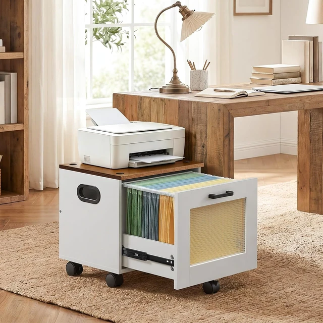 Alt view image 2 of 7 - File Cabinet, Rolling File Cart Under Desk Small Filing Cabinet & File Organizer Box with Drawer for A4/Letter Files, White & Walnut WH11WJ01G1