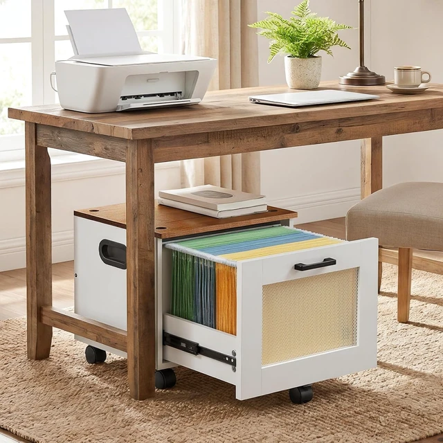 Alt view image 4 of 7 - File Cabinet, Rolling File Cart Under Desk Small Filing Cabinet & File Organizer Box with Drawer for A4/Letter Files, White & Walnut WH11WJ01G1