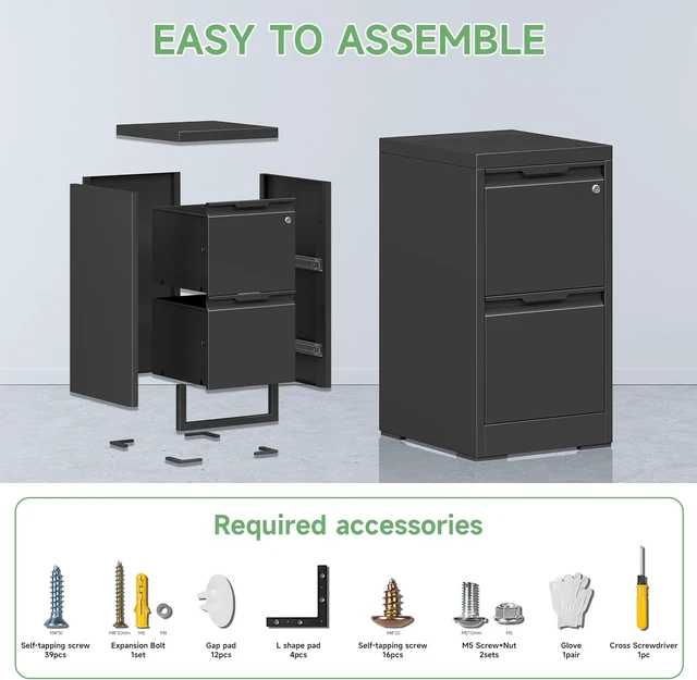 Alt view image 4 of 7 - 2 Drawer File Cabinet with Lock Metal Small Cabinet for Letters/Legal/A4 Size, Assembly Required, Black 2 Drawer-15 W