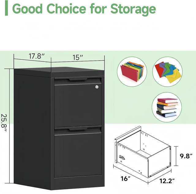 Alt view image 3 of 7 - 2 Drawer File Cabinet with Lock Metal Small Cabinet for Letters/Legal/A4 Size, Assembly Required, Black 2 Drawer-15 W