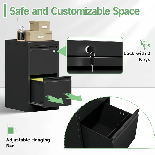 Alt view image 6 of 7 - 2 Drawer File Cabinet with Lock Metal Small Cabinet for Letters/Legal/A4 Size, Assembly Required, Black 2 Drawer-15 W