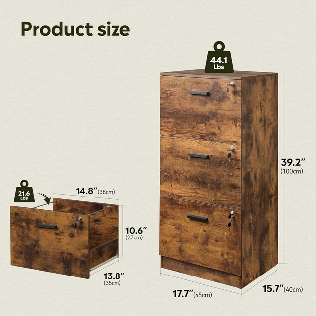Alt view image 3 of 7 - 3 Drawer Wood File Cabinet for Home Office, Fits Letter & A4 Size