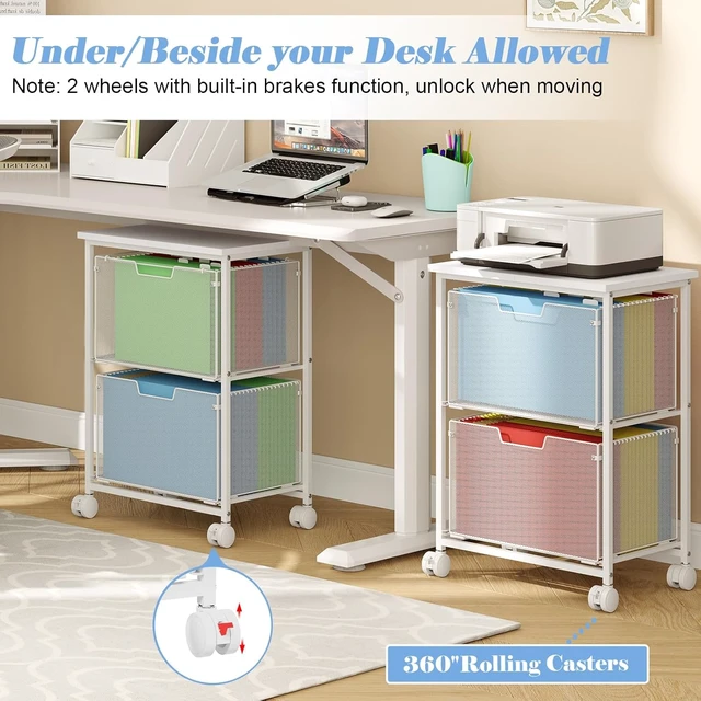 Alt view image 3 of 7 - Letter/Legal Rolling File Cabinet Rolling File Cart with 2 Drawers, Hanging File Folders Organizer for Under Desk Storage & Mobile Printer Stand, White