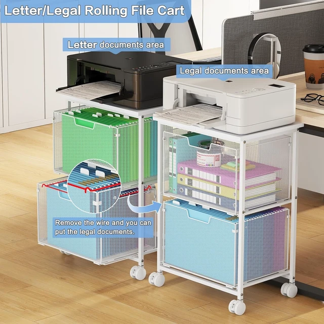 Alt view image 5 of 7 - Letter/Legal Rolling File Cabinet Rolling File Cart with 2 Drawers, Hanging File Folders Organizer for Under Desk Storage & Mobile Printer Stand, White