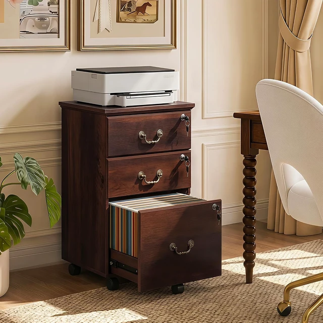 Alt view image 2 of 7 - 3 Drawer Wood File Cabinet with Lock, Brown Oak