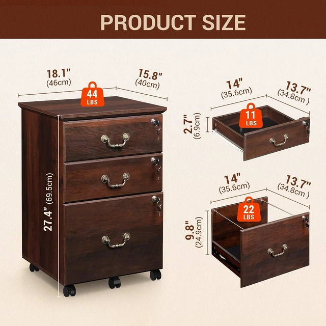 Alt view image 3 of 7 - 3 Drawer Wood File Cabinet with Lock, Brown Oak