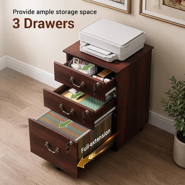 Alt view image 7 of 7 - 3 Drawer Wood File Cabinet with Lock, Brown Oak