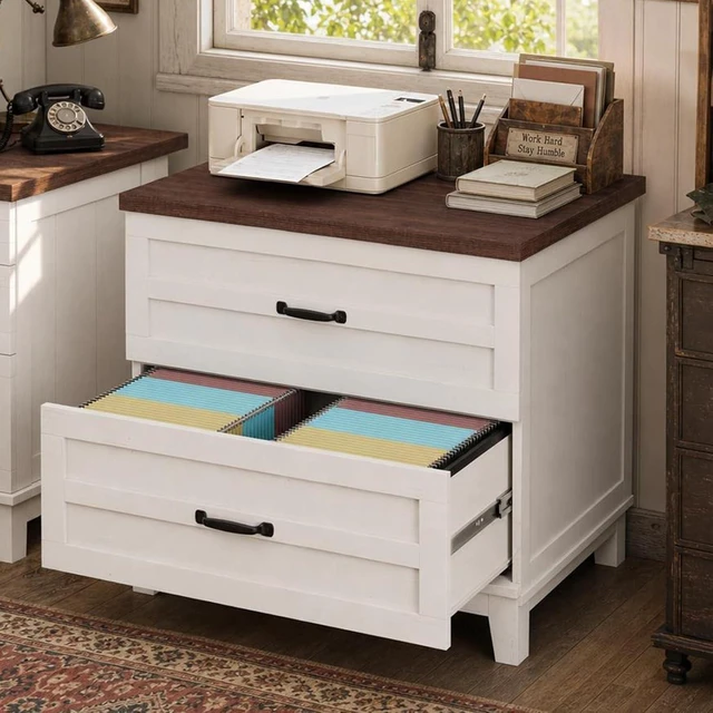 Main image of 2 Drawer Farmhouse Lateral File Cabinet Deep Drawers Fit Legal/Letter/A4 Hanging Files, Wide Storage with Heavy-Duty Frame & Spacious Top, Retro Brown White