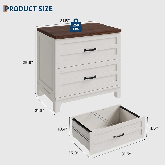 Alt view image 2 of 7 - 2 Drawer Farmhouse Lateral File Cabinet Deep Drawers Fit Legal/Letter/A4 Hanging Files, Wide Storage with Heavy-Duty Frame & Spacious Top, Retro Brown White