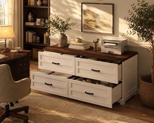 Alt view image 4 of 7 - 2 Drawer Farmhouse Lateral File Cabinet Deep Drawers Fit Legal/Letter/A4 Hanging Files, Wide Storage with Heavy-Duty Frame & Spacious Top, Retro Brown White