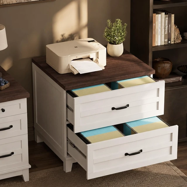 Alt view image 3 of 7 - 2 Drawer Farmhouse Lateral File Cabinet Deep Drawers Fit Legal/Letter/A4 Hanging Files, Wide Storage with Heavy-Duty Frame & Spacious Top, Retro Brown White
