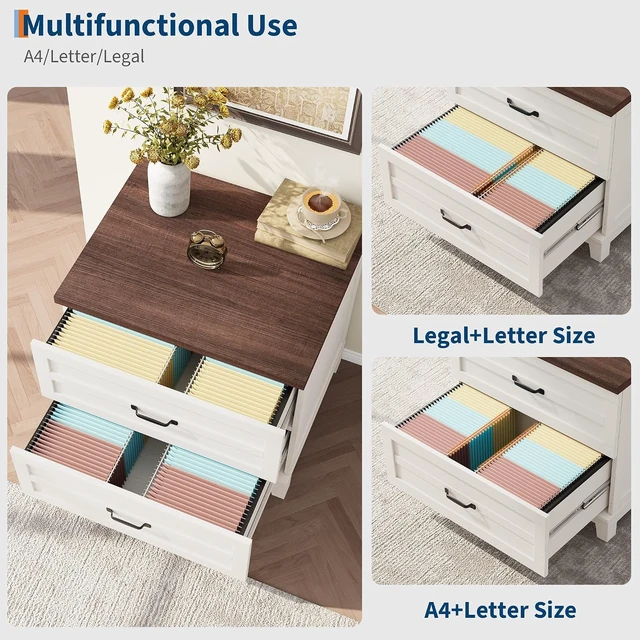 Alt view image 5 of 7 - 2 Drawer Farmhouse Lateral File Cabinet Deep Drawers Fit Legal/Letter/A4 Hanging Files, Wide Storage with Heavy-Duty Frame & Spacious Top, Retro Brown White