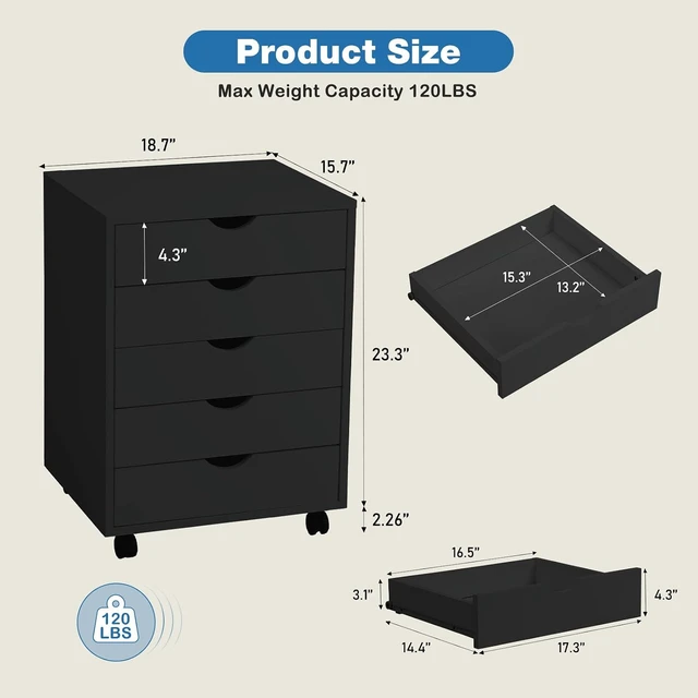Alt view image 3 of 7 - 5 Drawer Under Desk File Cabinet with Wheels & Printer Stand