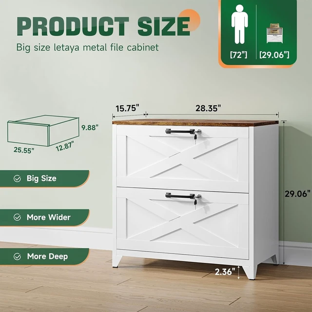 Alt view image 3 of 7 - 2 Drawer File Cabinet with Lock & Feet Metal Lateral Cabinet for Hanging Letter/Legal/A4 Size (White-A, 16" D x 28.4" W x 29.1" H)