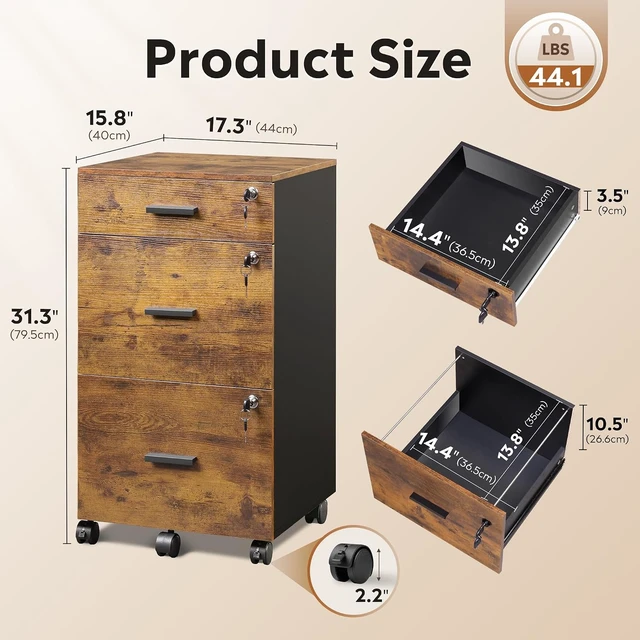 Alt view image 2 of 7 - 3 Drawer Wood File Cabinet with Lock & Wheels, Printer Stand