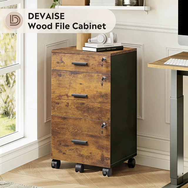 Alt view image 3 of 7 - 3 Drawer Wood File Cabinet with Lock & Wheels, Printer Stand