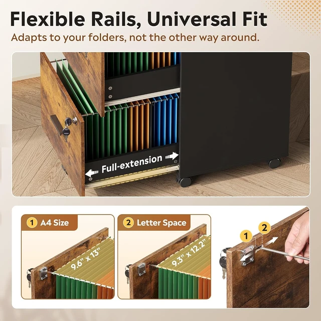 Alt view image 4 of 7 - 3 Drawer Wood File Cabinet with Lock & Wheels, Printer Stand