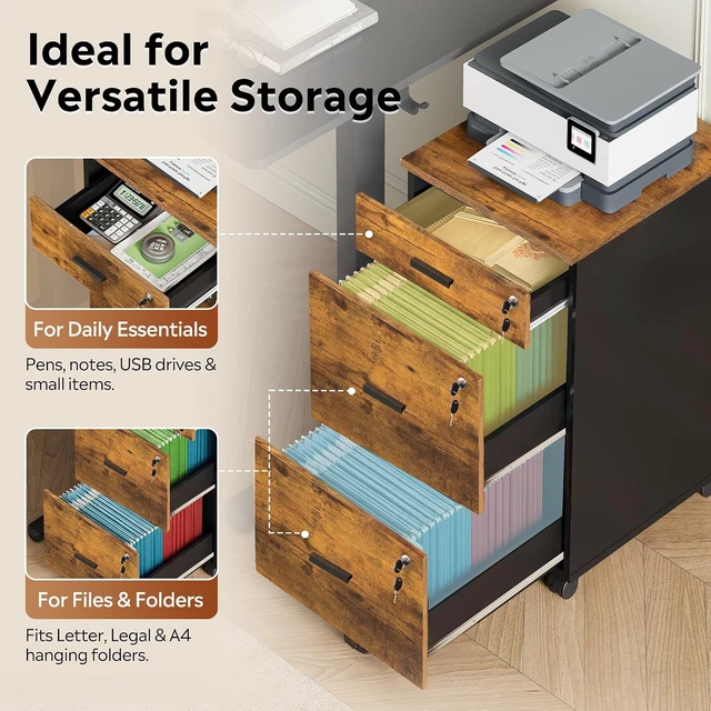 Alt view image 5 of 7 - 3 Drawer Wood File Cabinet with Lock & Wheels, Printer Stand